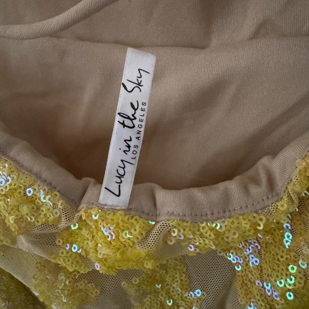 Lucy in the Sky Sequin Mini Dress Bodycon Open Back Strappy Yellow Cream Small - Picture 2 of 5
